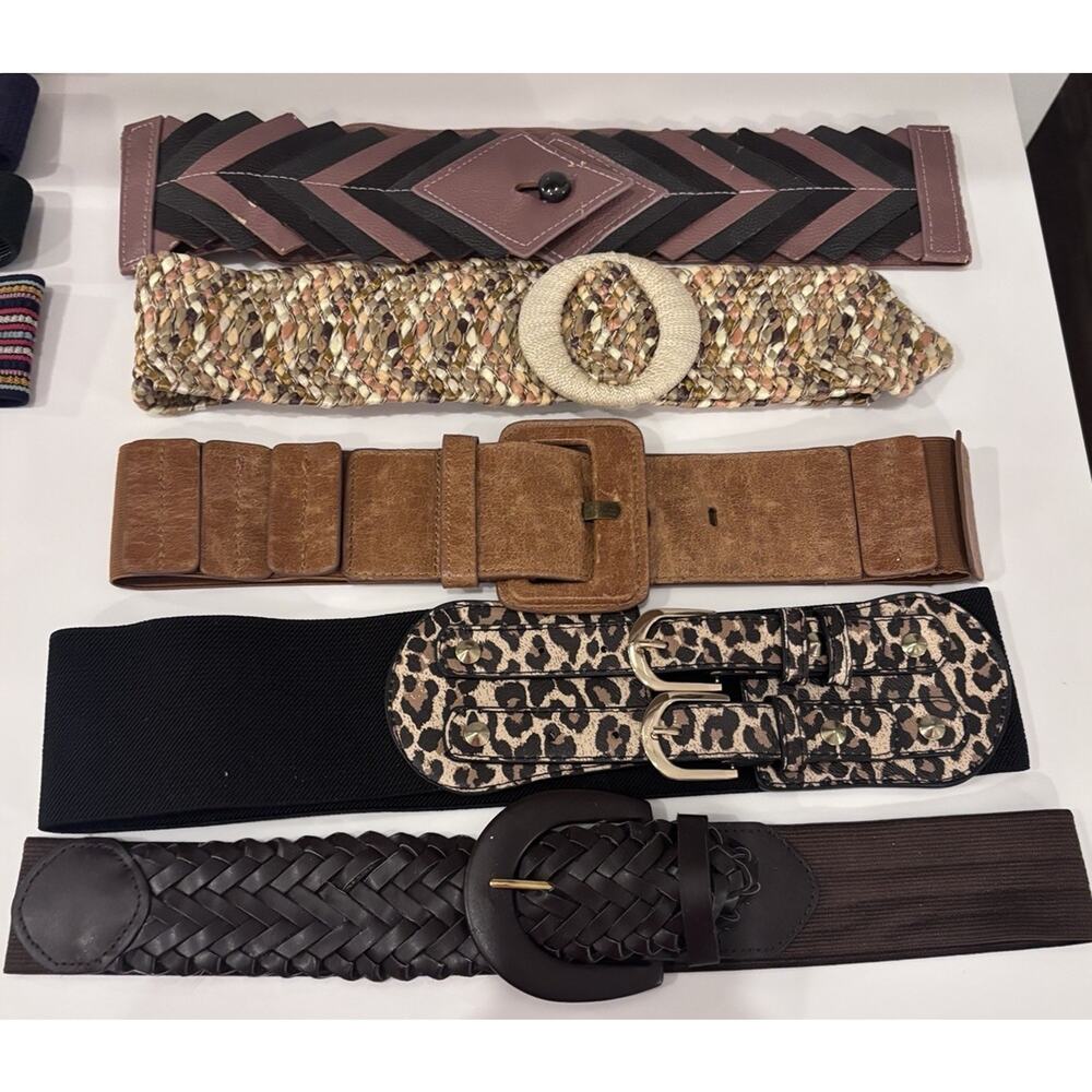 5 Vintage 80's 90's Womens Stretch Belts Wide Retro Glam Corset Animal Print Lot